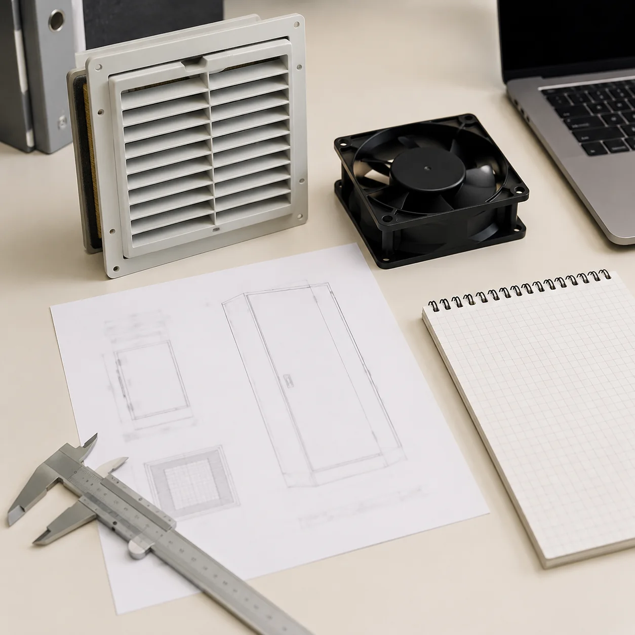 Engineering desk with enclosure component documents